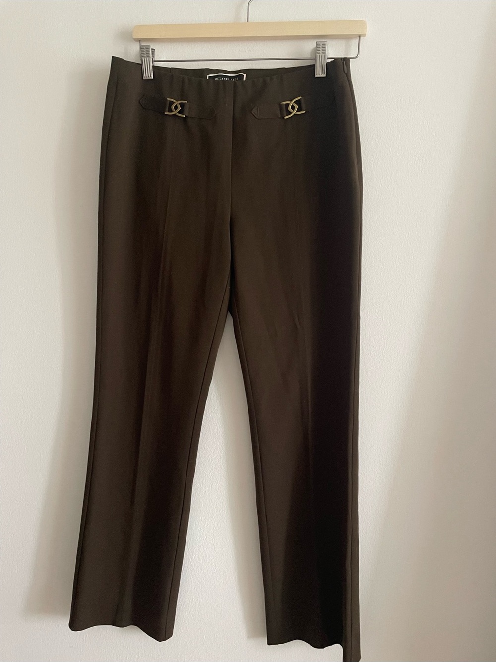 Melanie Lyne Brown Tailored Dress Pants with Gold Buckle Details US 6